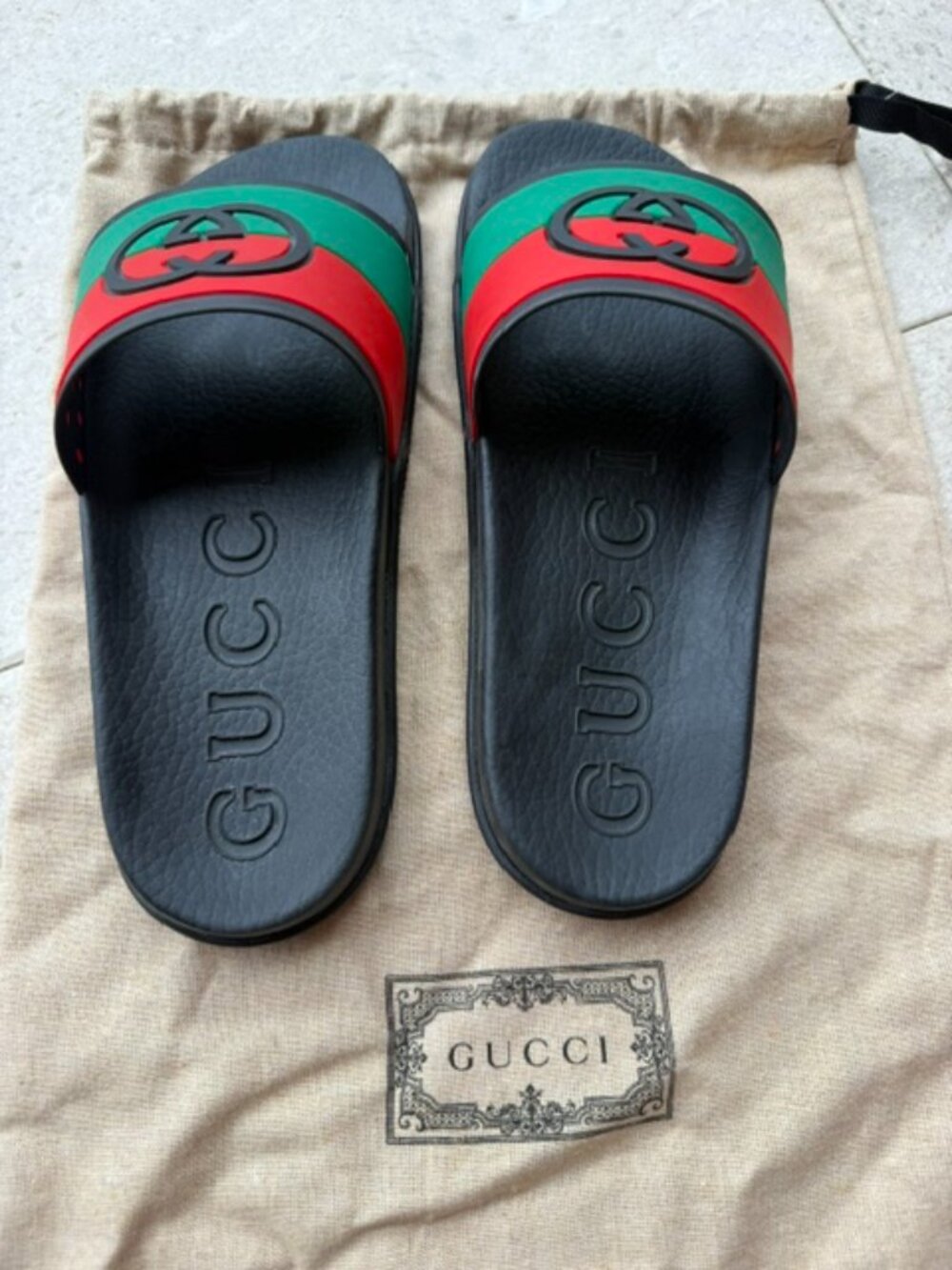 Gucci Interlocking G Web Rubber Slides Size 6 w/Original Box & Dust Bags